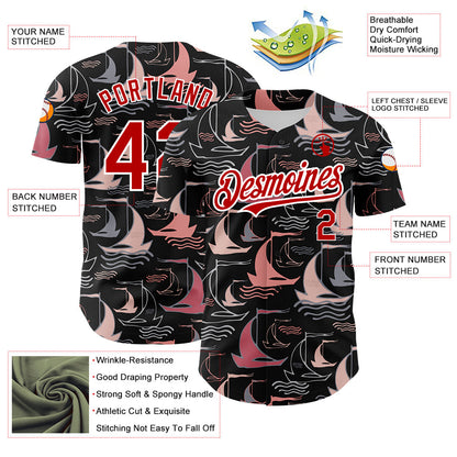 Custom Black Red-White 3D Pattern Design Sailing Boats Authentic Baseball Jersey - Sky-Custom