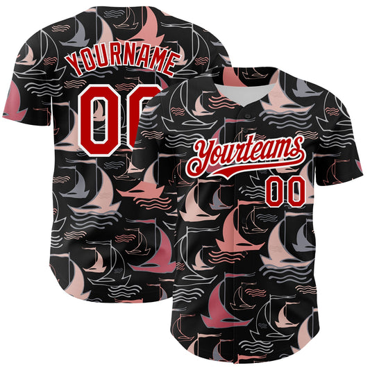 Custom Black Red-White 3D Pattern Design Sailing Boats Authentic Baseball Jersey - Sky-Custom