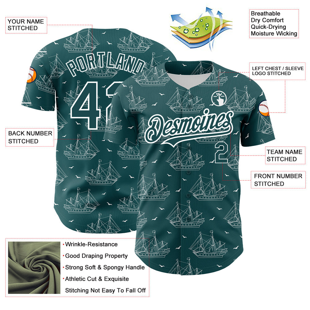 Custom Midnight Green White 3D Pattern Design Ship Frigate With Seagulls Authentic Baseball Jersey - Sky-Custom