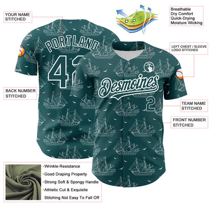 Custom Midnight Green White 3D Pattern Design Ship Frigate With Seagulls Authentic Baseball Jersey - Sky-Custom