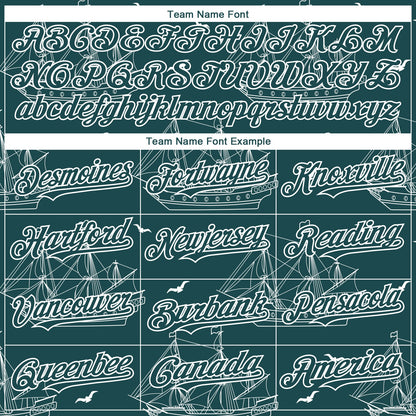 Custom Midnight Green White 3D Pattern Design Ship Frigate With Seagulls Authentic Baseball Jersey - Sky-Custom