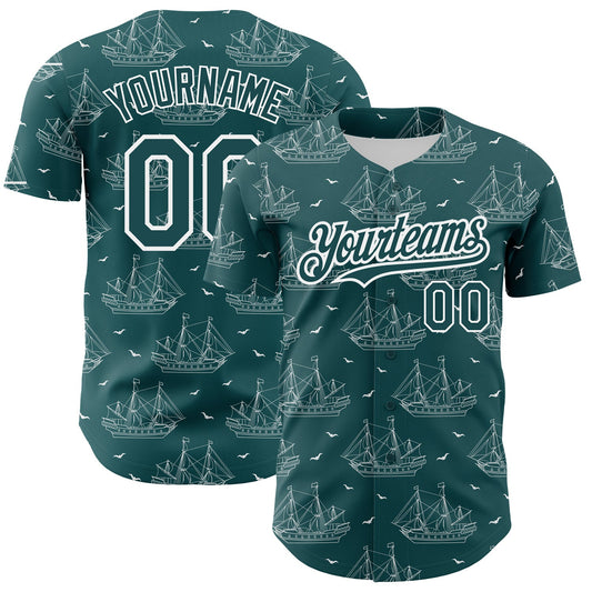 Custom Midnight Green White 3D Pattern Design Ship Frigate With Seagulls Authentic Baseball Jersey - Sky-Custom