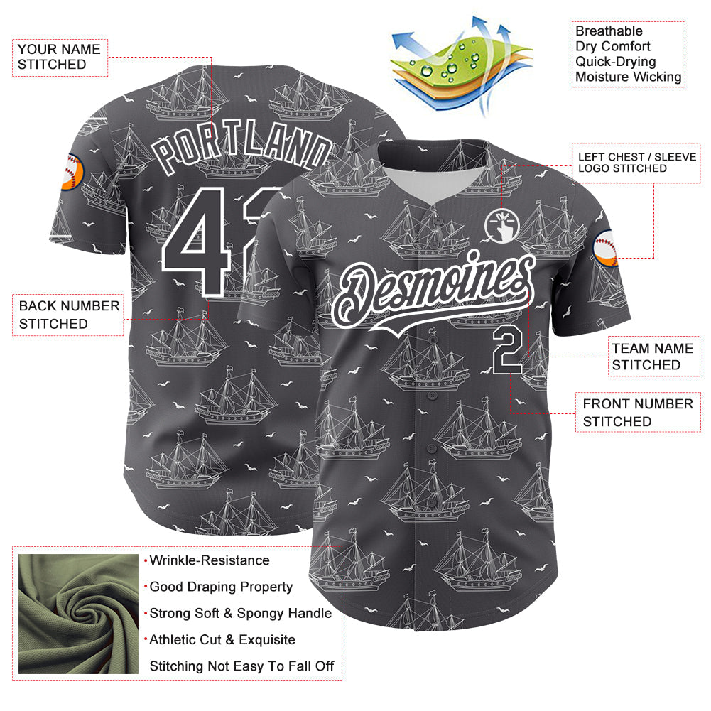 Custom Steel Gray White 3D Pattern Design Ship Frigate With Seagulls Authentic Baseball Jersey - Sky-Custom