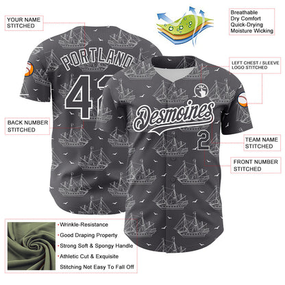 Custom Steel Gray White 3D Pattern Design Ship Frigate With Seagulls Authentic Baseball Jersey - Sky-Custom