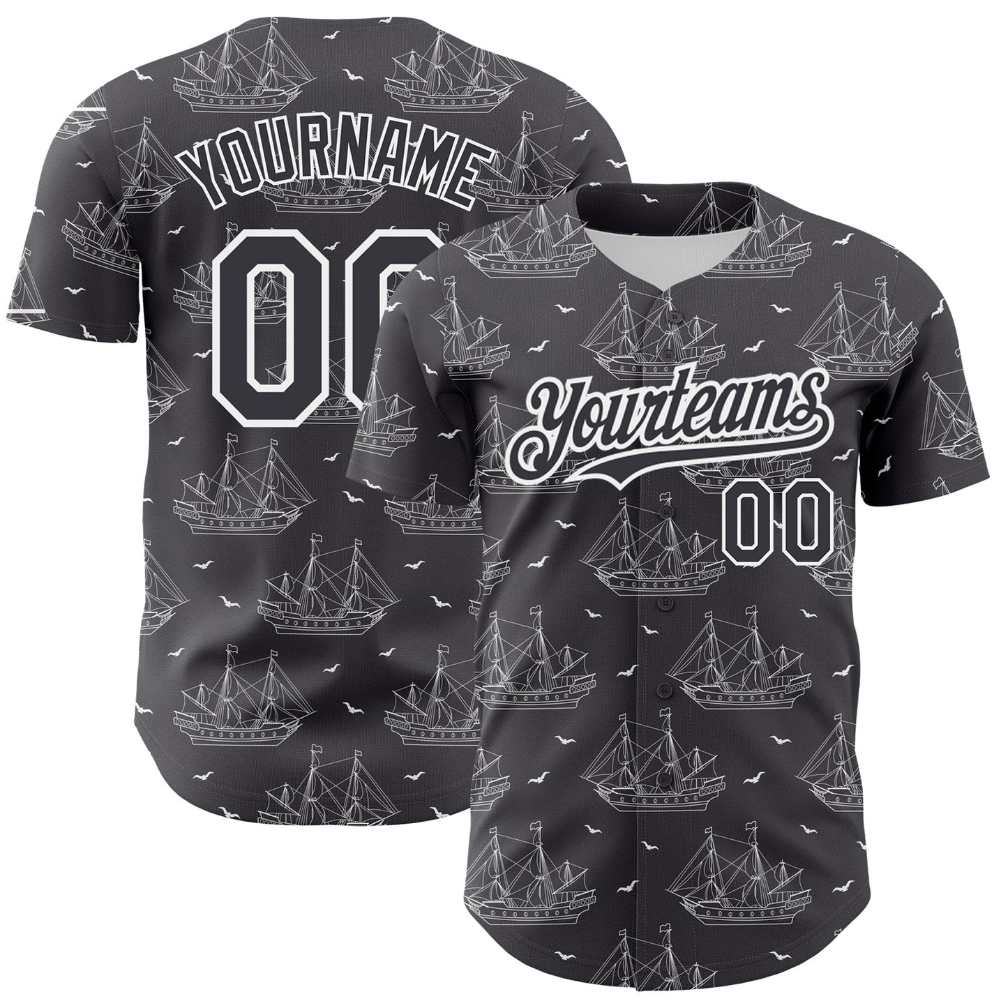 Custom Steel Gray White 3D Pattern Design Ship Frigate With Seagulls Authentic Baseball Jersey - Sky-Custom