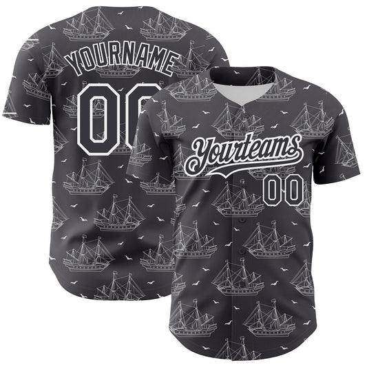 Custom Steel Gray White 3D Pattern Design Ship Frigate With Seagulls Authentic Baseball Jersey - Sky-Custom