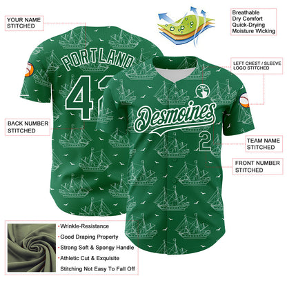 Custom Kelly Green White 3D Pattern Design Ship Frigate With Seagulls Authentic Baseball Jersey - Sky-Custom