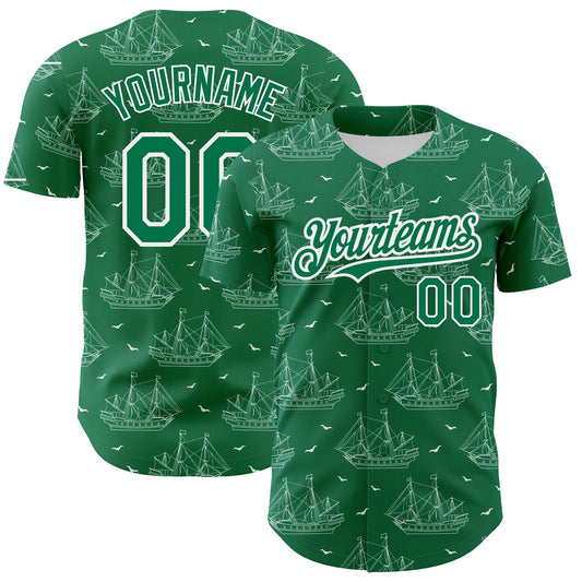 Custom Kelly Green White 3D Pattern Design Ship Frigate With Seagulls Authentic Baseball Jersey - Sky-Custom