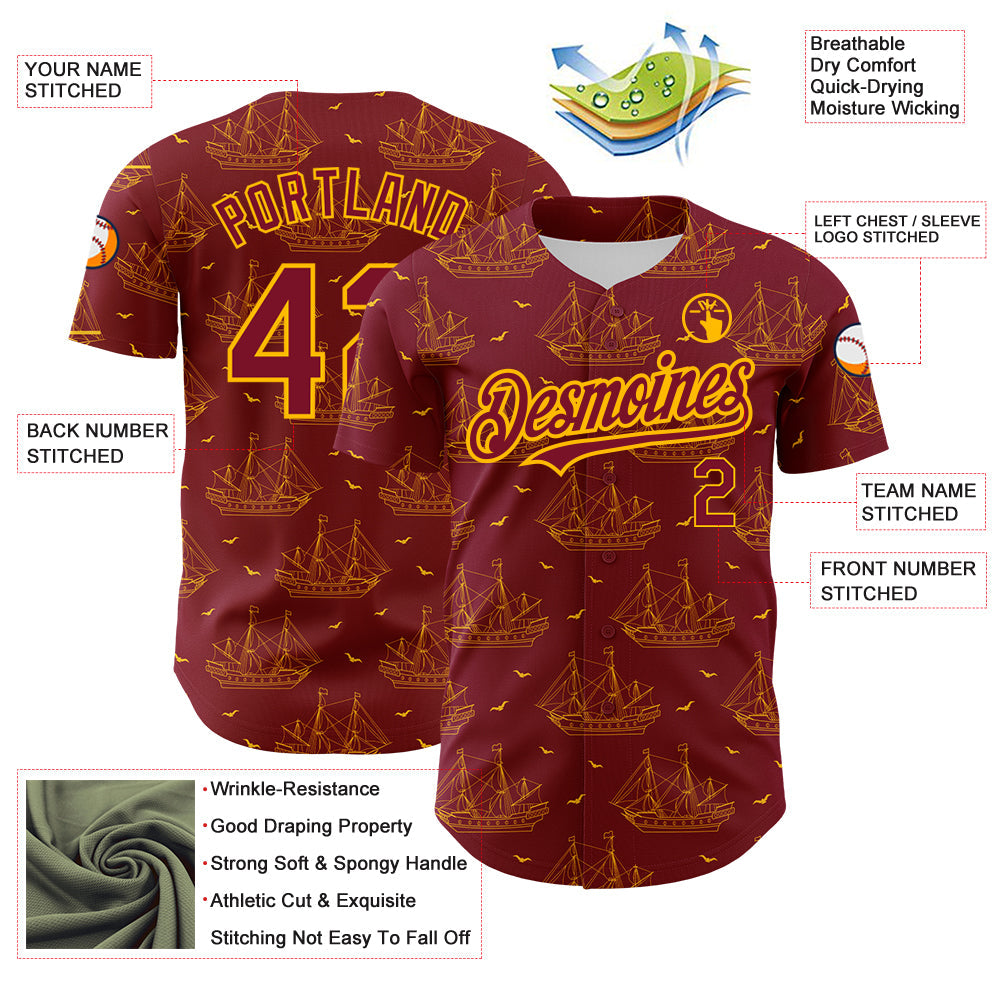 Custom Crimson Gold 3D Pattern Design Ship Frigate With Seagulls Authentic Baseball Jersey - Sky-Custom
