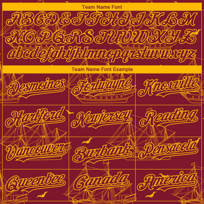Custom Crimson Gold 3D Pattern Design Ship Frigate With Seagulls Authentic Baseball Jersey - Sky-Custom
