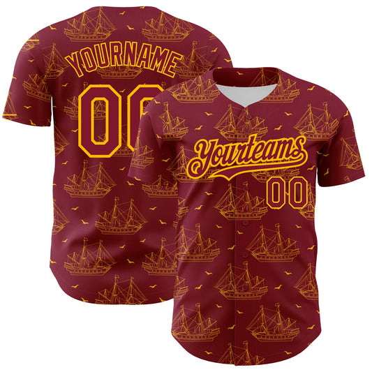 Custom Crimson Gold 3D Pattern Design Ship Frigate With Seagulls Authentic Baseball Jersey - Sky-Custom