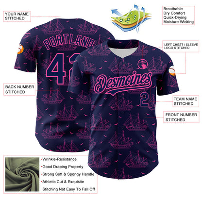 Custom Navy Pink 3D Pattern Design Ship Frigate With Seagulls Authentic Baseball Jersey - Sky-Custom