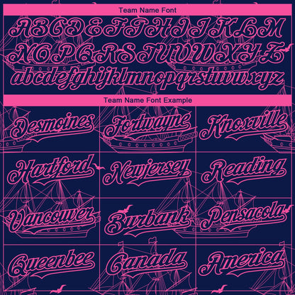 Custom Navy Pink 3D Pattern Design Ship Frigate With Seagulls Authentic Baseball Jersey - Sky-Custom