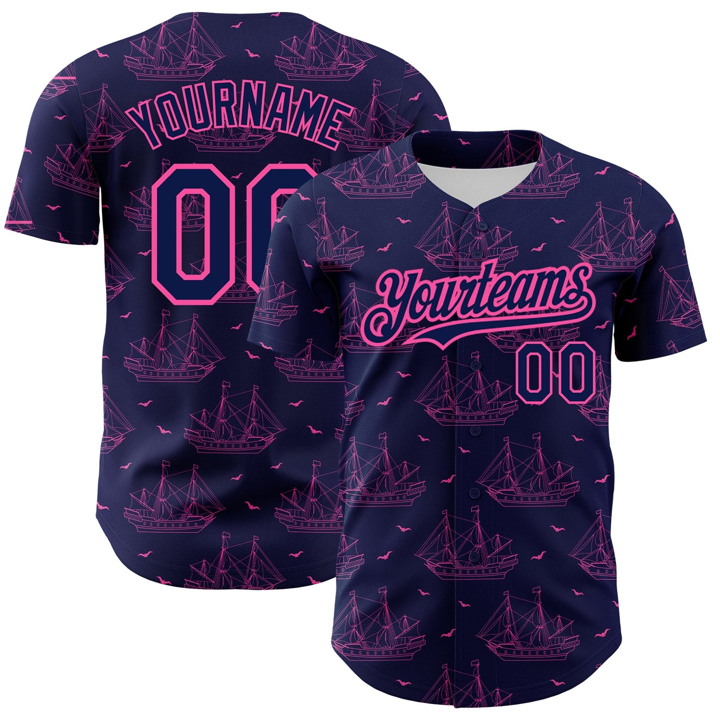Custom Navy Pink 3D Pattern Design Ship Frigate With Seagulls Authentic Baseball Jersey - Sky-Custom