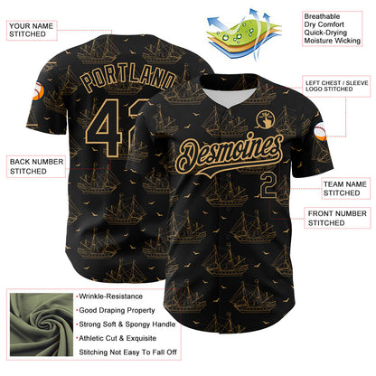 Custom Black Old Gold 3D Pattern Design Ship Frigate With Seagulls Authentic Baseball Jersey - Sky-Custom