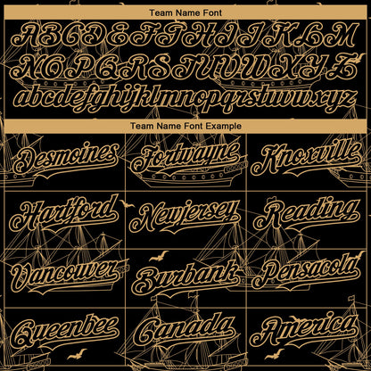 Custom Black Old Gold 3D Pattern Design Ship Frigate With Seagulls Authentic Baseball Jersey - Sky-Custom