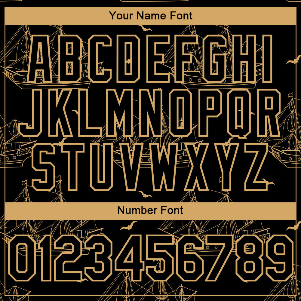 Custom Black Old Gold 3D Pattern Design Ship Frigate With Seagulls Authentic Baseball Jersey - Sky-Custom