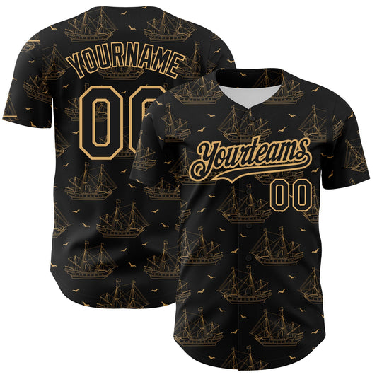 Custom Black Old Gold 3D Pattern Design Ship Frigate With Seagulls Authentic Baseball Jersey - Sky-Custom