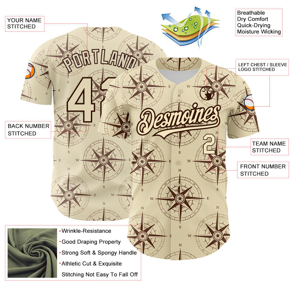 Custom Cream Brown 3D Pattern Design Navigation Compass Authentic Baseball Jersey - Sky-Custom