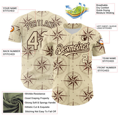 Custom Cream Brown 3D Pattern Design Navigation Compass Authentic Baseball Jersey - Sky-Custom