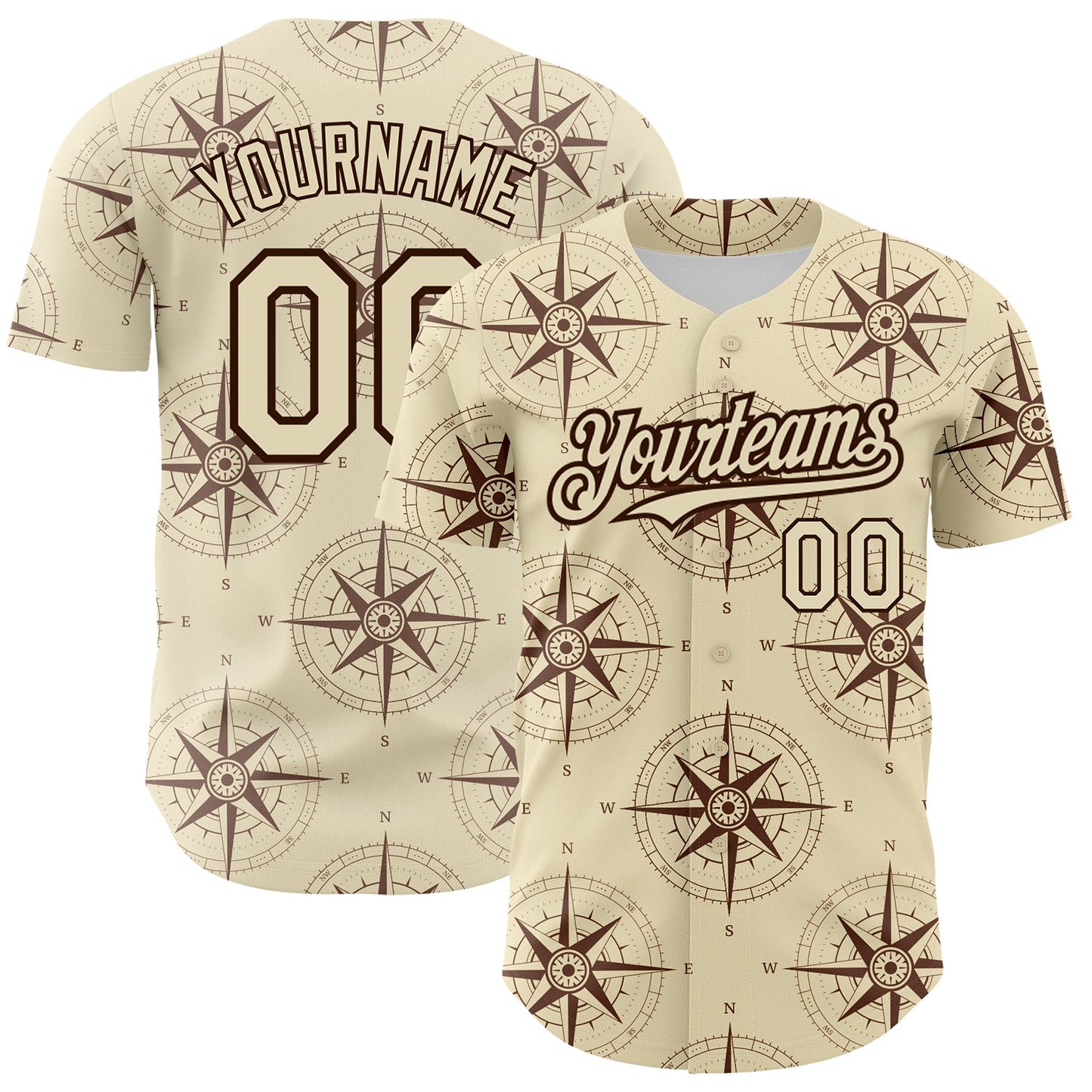 Custom Cream Brown 3D Pattern Design Navigation Compass Authentic Baseball Jersey - Sky-Custom