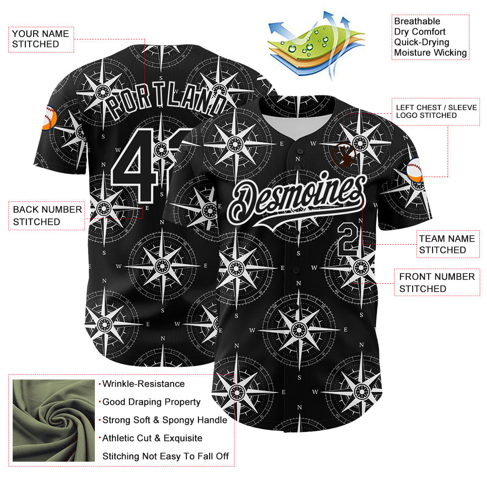 Custom Black White 3D Pattern Design Navigation Compass Authentic Baseball Jersey - Sky-Custom