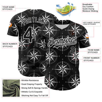 Custom Black White 3D Pattern Design Navigation Compass Authentic Baseball Jersey - Sky-Custom