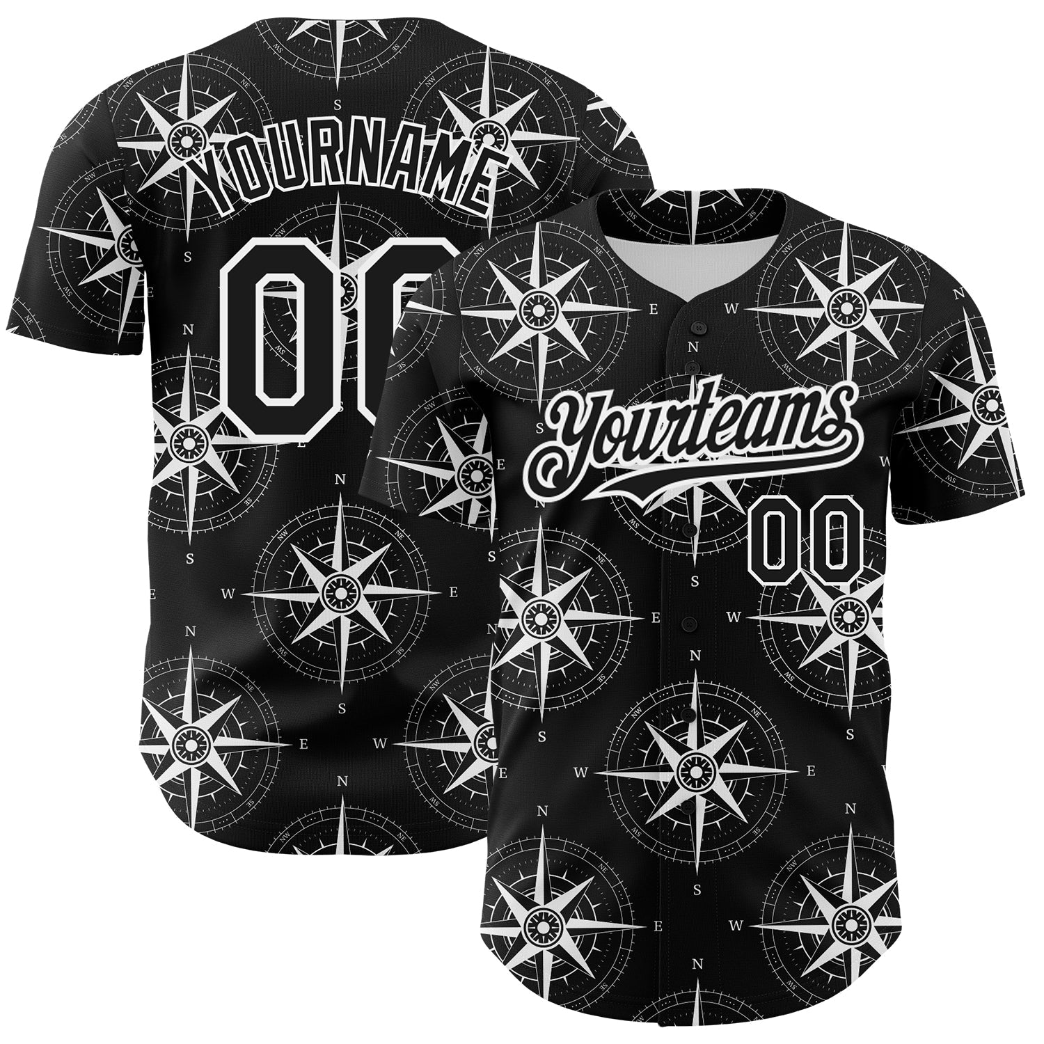 Custom Black White 3D Pattern Design Navigation Compass Authentic Baseball Jersey - Sky-Custom
