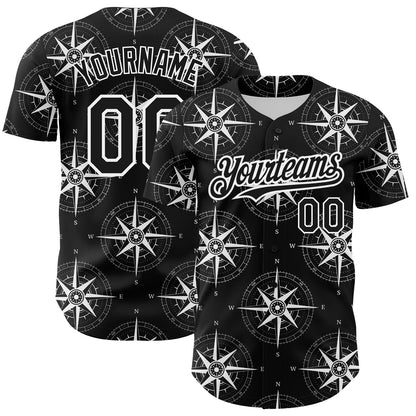 Custom Black White 3D Pattern Design Navigation Compass Authentic Baseball Jersey - Sky-Custom