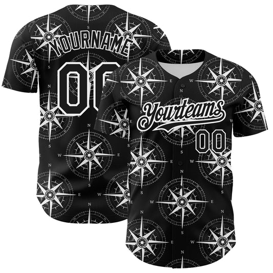 Custom Black White 3D Pattern Design Navigation Compass Authentic Baseball Jersey - Sky-Custom