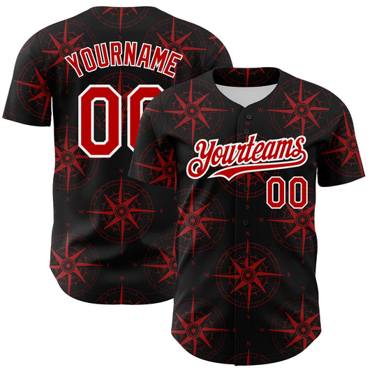 Custom Black Red-White 3D Pattern Design Navigation Compass Authentic Baseball Jersey - Sky-Custom
