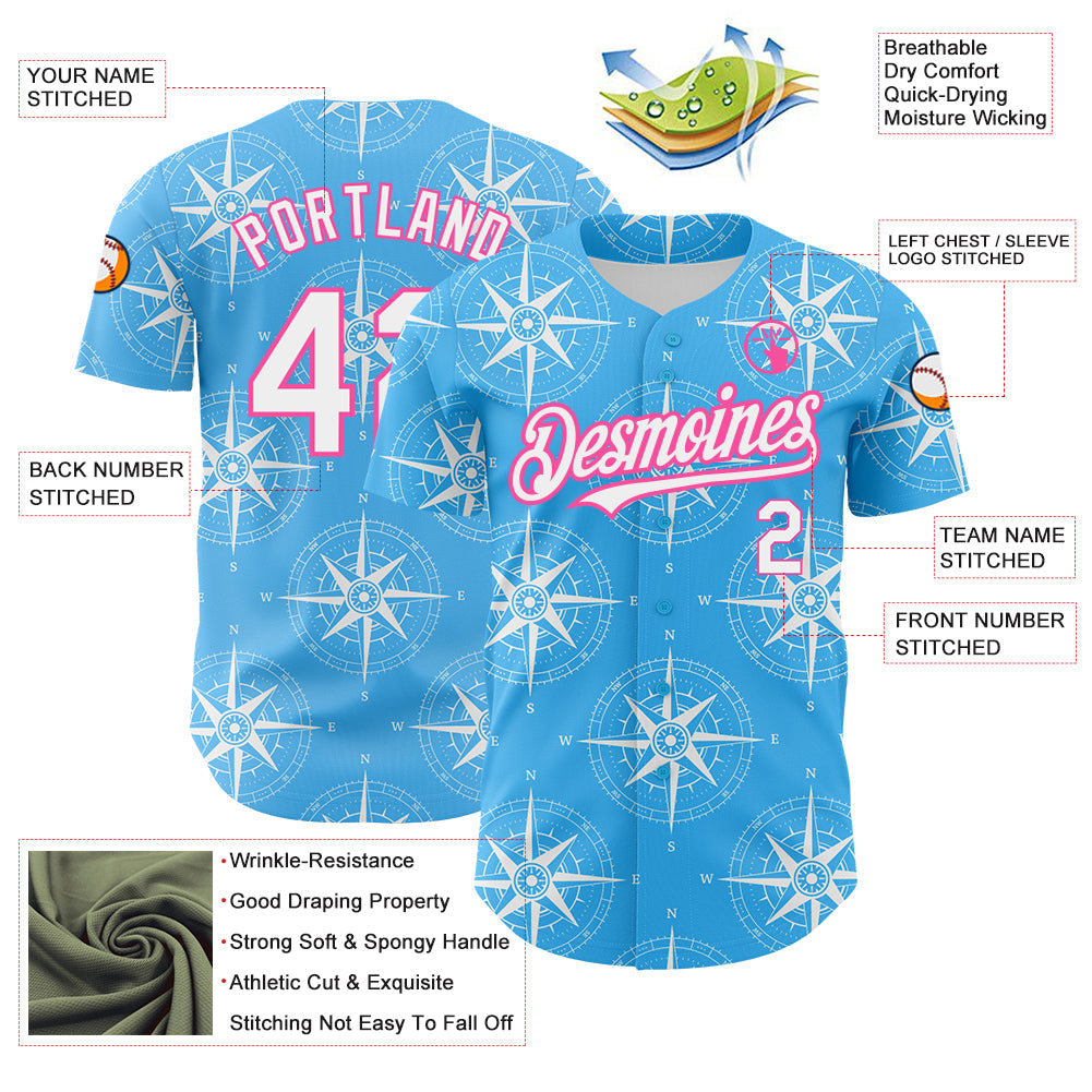 Custom Sky Blue White-Pink 3D Pattern Design Navigation Compass Authentic Baseball Jersey - Sky-Custom
