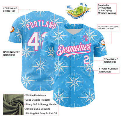Custom Sky Blue White-Pink 3D Pattern Design Navigation Compass Authentic Baseball Jersey - Sky-Custom