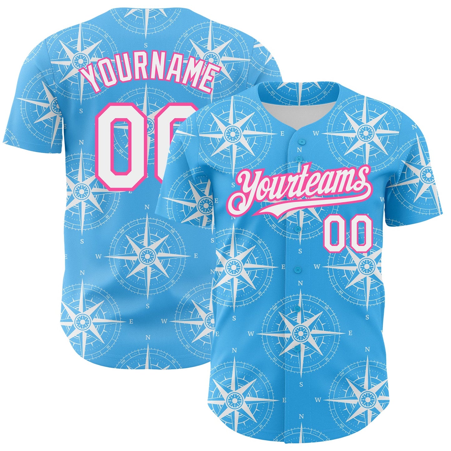 Custom Sky Blue White-Pink 3D Pattern Design Navigation Compass Authentic Baseball Jersey - Sky-Custom