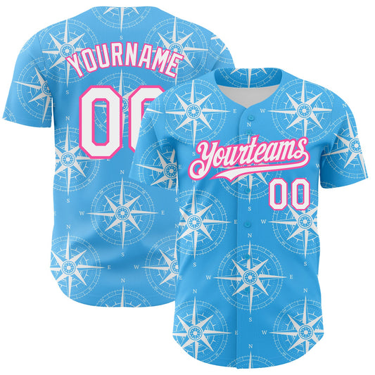 Custom Sky Blue White-Pink 3D Pattern Design Navigation Compass Authentic Baseball Jersey - Sky-Custom