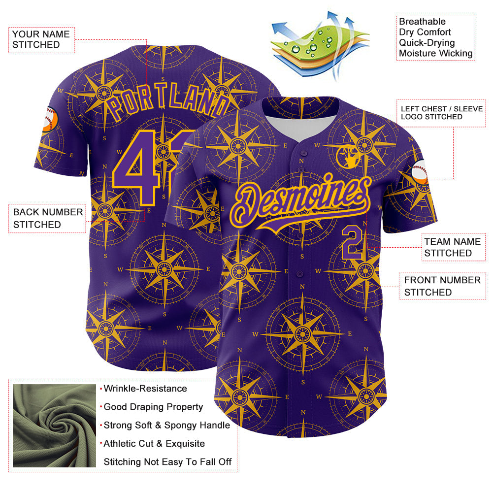 Custom Purple Gold 3D Pattern Design Navigation Compass Authentic Baseball Jersey - Sky-Custom