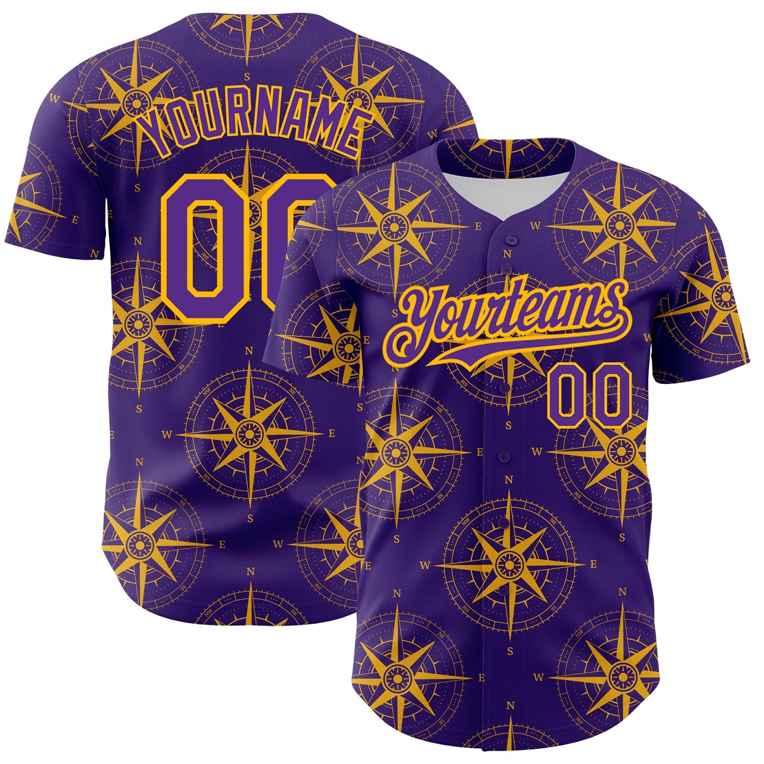 Custom Purple Gold 3D Pattern Design Navigation Compass Authentic Baseball Jersey - Sky-Custom