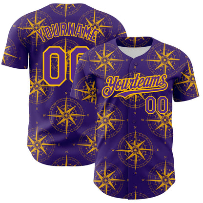 Custom Purple Gold 3D Pattern Design Navigation Compass Authentic Baseball Jersey - Sky-Custom