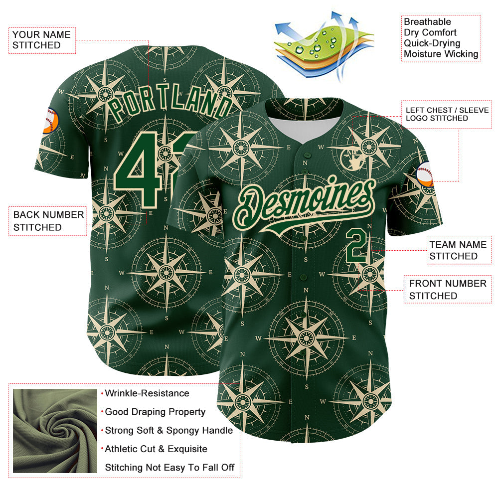 Custom Green City Cream 3D Pattern Design Navigation Compass Authentic Baseball Jersey - Sky-Custom