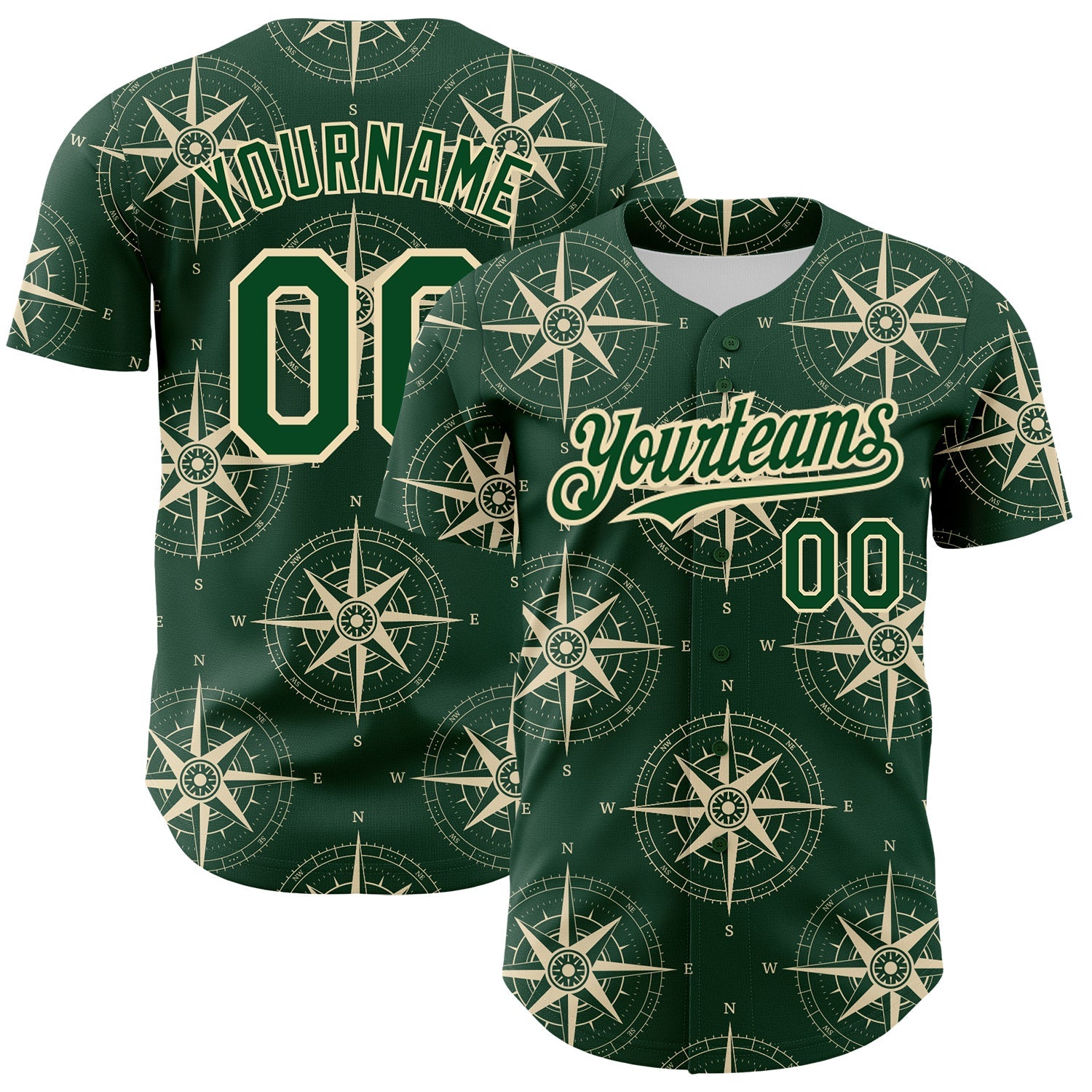 Custom Green City Cream 3D Pattern Design Navigation Compass Authentic Baseball Jersey - Sky-Custom