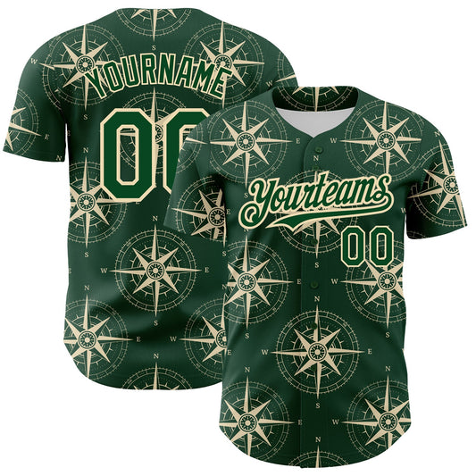 Custom Green City Cream 3D Pattern Design Navigation Compass Authentic Baseball Jersey - Sky-Custom