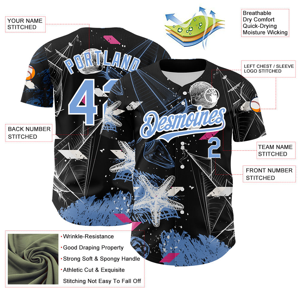 Custom Black Light Blue-White 3D Pattern Design Sailing Boats Authentic Baseball Jersey - Sky-Custom