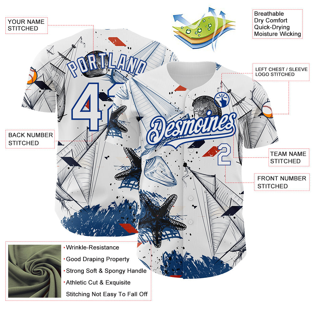 Custom White Royal 3D Pattern Design Sailing Boats Authentic Baseball Jersey - Sky-Custom