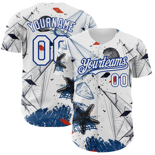 Custom White Royal 3D Pattern Design Sailing Boats Authentic Baseball Jersey - Sky-Custom