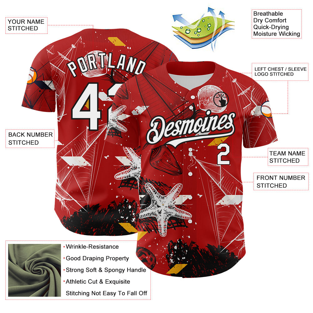 Custom Red White-Black 3D Pattern Design Sailing Boats Authentic Baseball Jersey - Sky-Custom