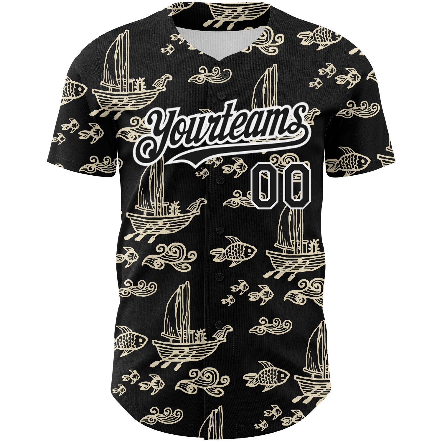 Custom Black White 3D Pattern Design Boats And Fish Authentic Baseball Jersey - Sky-Custom