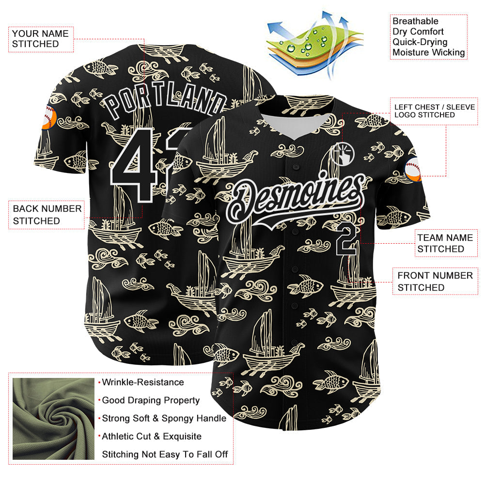 Custom Black White 3D Pattern Design Boats And Fish Authentic Baseball Jersey - Sky-Custom