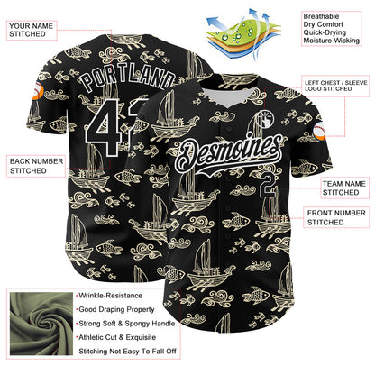 Custom Black White 3D Pattern Design Boats And Fish Authentic Baseball Jersey - Sky-Custom