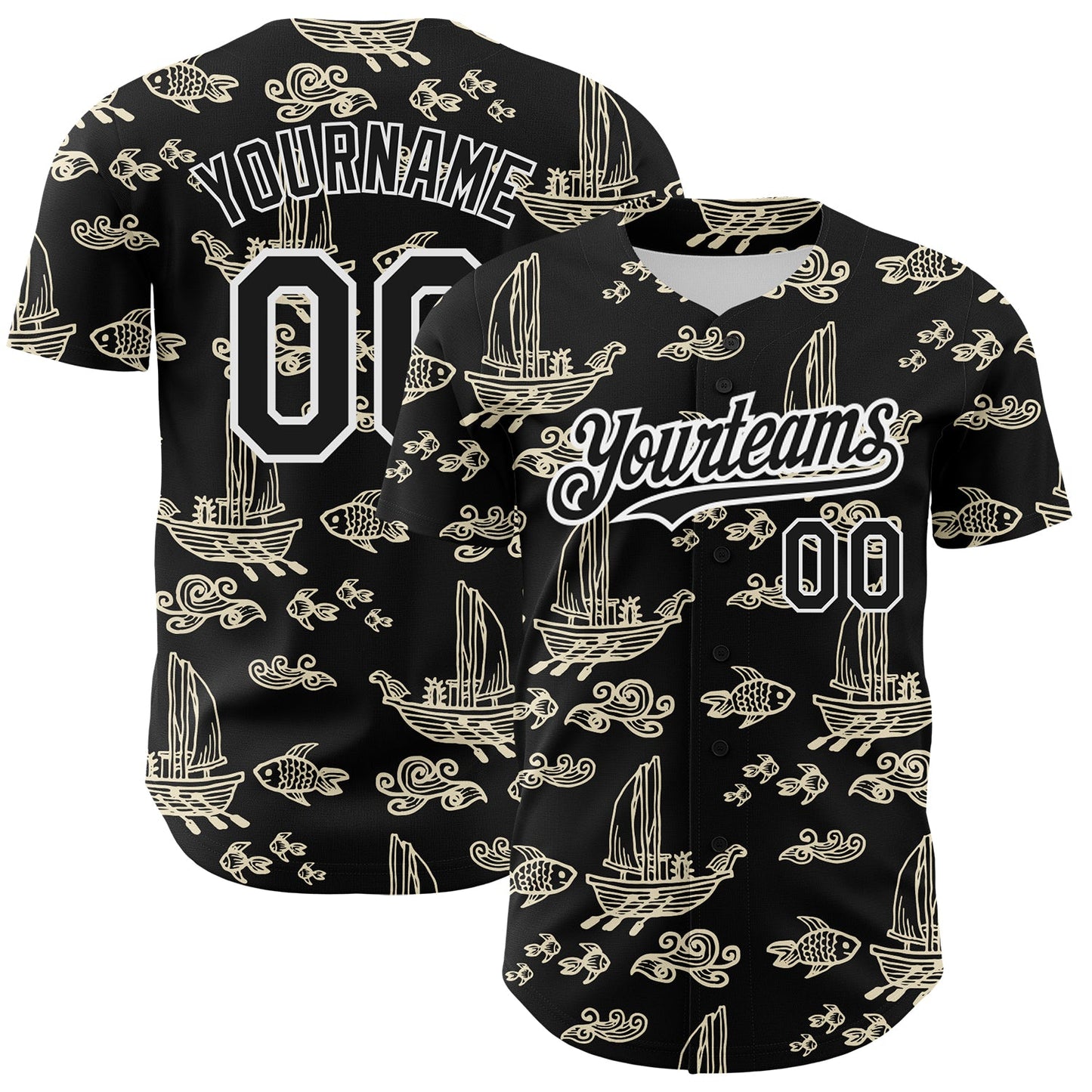 Custom Black White 3D Pattern Design Boats And Fish Authentic Baseball Jersey - Sky-Custom