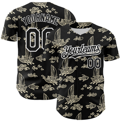 Custom Black White 3D Pattern Design Boats And Fish Authentic Baseball Jersey - Sky-Custom